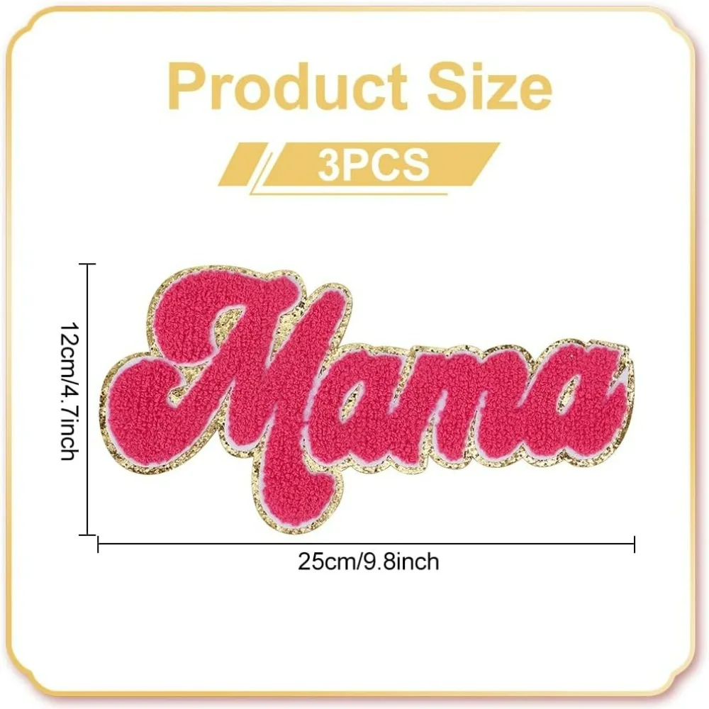 3pcs Deep Pink Mama Iron On Letters Patches for Clothing Mama Iron on Patches Gold Border Decorate Repair Letter Patches for