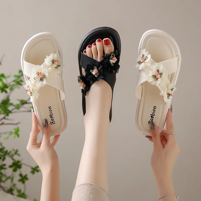 Sandalias cruzadas de plataforma con flores de estilo hada, novedad de verano para mujer