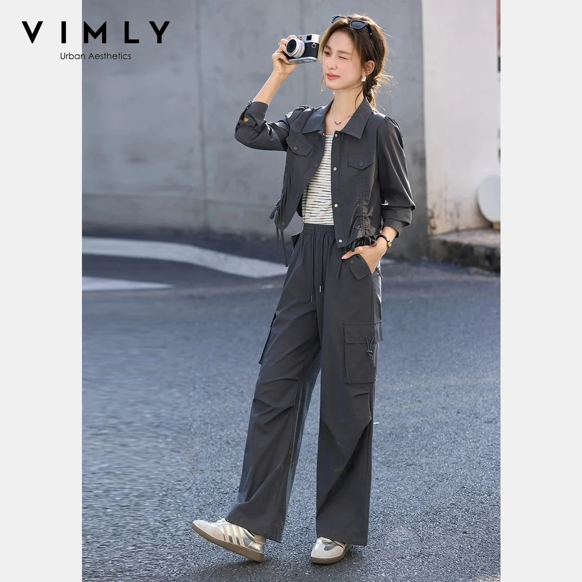

VIMLY Women’s 3 Piece Outfits 2026 Spring Cargo Style Jacket Striped Tank Top Wide Leg Pants Casual Daily Loose Pant Sets 30762