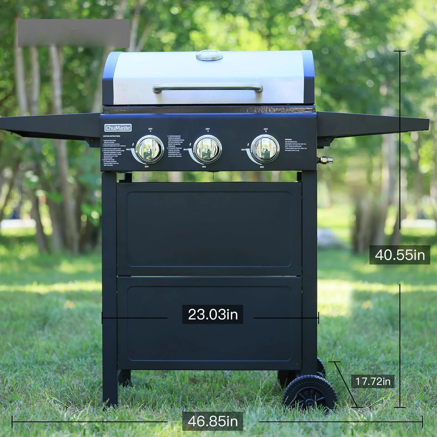 Barbecue Grill with Foldable Rack (Reversible Table), 3-Burner Propane Gas Grill, 30000 BTU, Easy To Clean, BBQ Grills