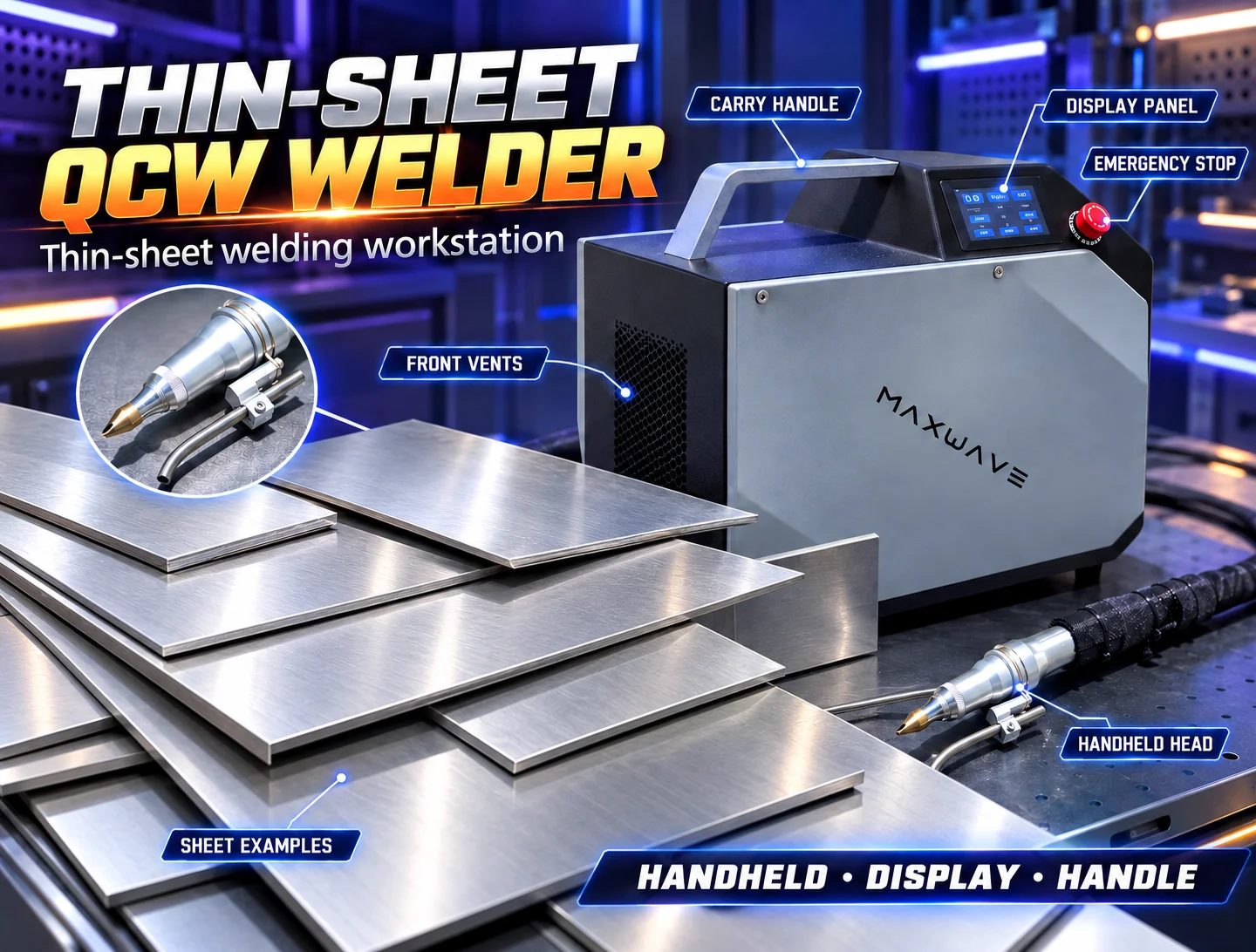 Portable Thin Sheet QCW Welding Workstation with Handheld Head, Top Handle and Front Control Panel