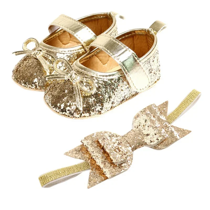 Sequins Baby Shoes Leather Toddler Baby Girl First Walkers Sets Headband Bow-knot Soft Sole Hook & Loop Bling Shoes for Girls