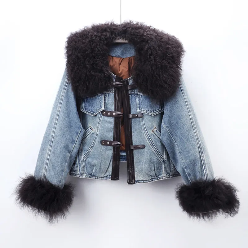 Winter New Arrival European Detachable Real Fur Collar Demin Coats with Flannel Puffer Down Liner Denim Jacket for Women Warm