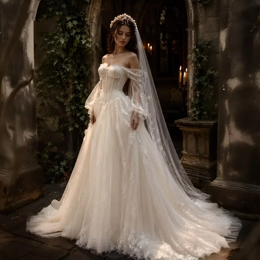 Off Shoulder Puff Long Sleeve Lace Corset Wedding Dress A Line Tulle Vintage Romantic Forest Fairy Bridal Gown Customized