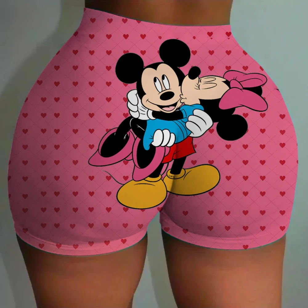 Disney Mickey Mouse-Druck Nahtlose, hüftumarmende Fitness-Shorts, Teilhose, hoch taillierte und hochelastische pfirsichfarbene Hüfthose für