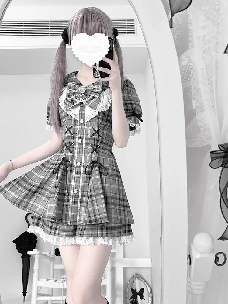 

Japanese Two-Piece Set Plaid Short-Sleeved Dress Top Short Pants Women'S Summer New Niche Design High-End Suit
