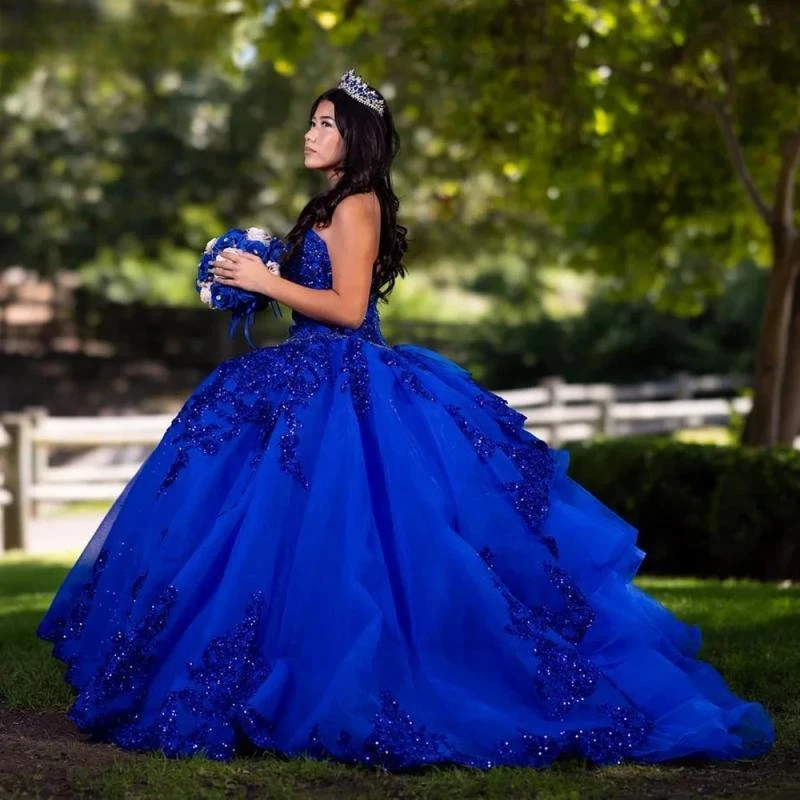 Royal Blue Beading Crystal Ruffles Ball Gown Quinceanera Dresses Sweetheart Sequined Appliques Lace Corset Vestidos De 15 Años