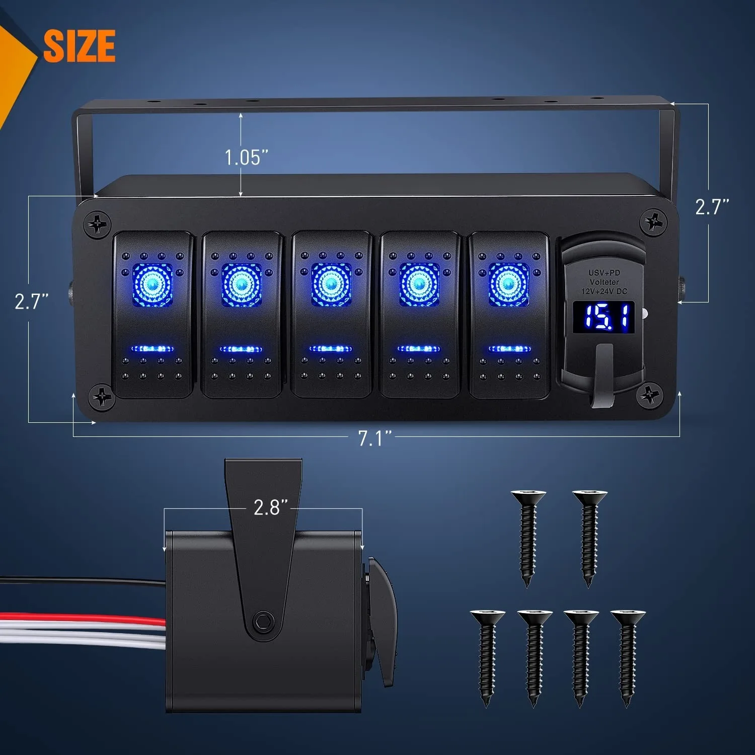 Waywe 5 Gang 12V SPST Rocker Switch Box - PD Type C/QC3.0 شاحن USB الفولتميتر لوحة ألومنيوم ملصقات صناعة يدوية للمركبات