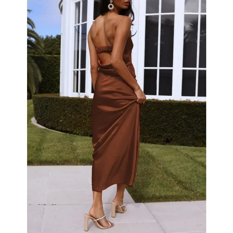 Satin  Halter Tube Top Maxi Dress Women Low Back Hollow Elegant Strapless Maxi Dress Wedding Guest