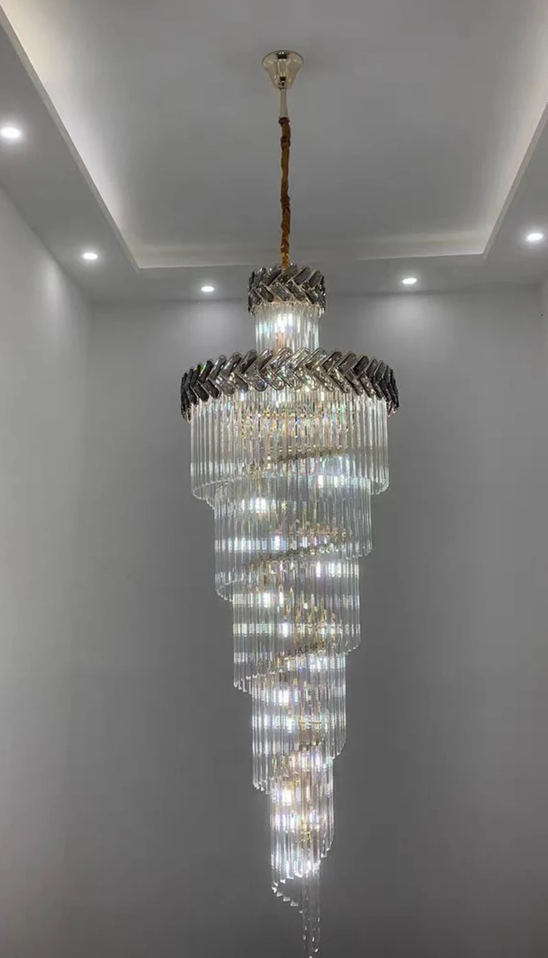 Luxury Modern Long Chandelier Smoke Grey Crystal Lamp Golden Staircase Illuminator for Hall Living Room Top