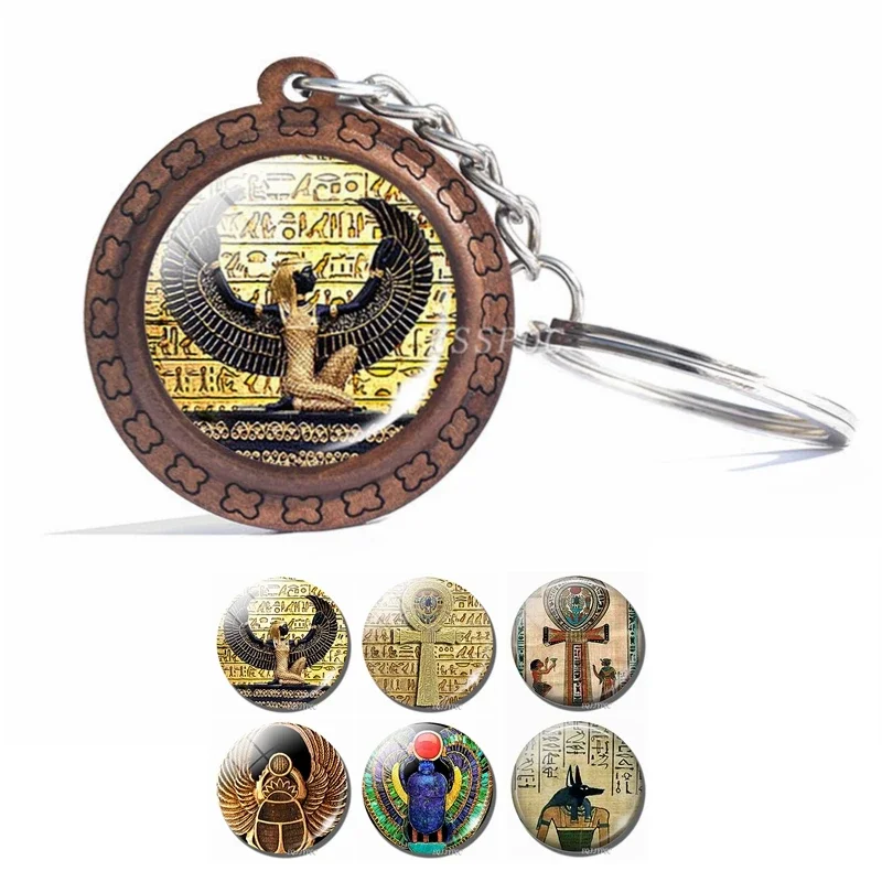 Egyptian Ankh Cross Keychain Vintage Jewelry Ancient Egypt Anubis Scarab Goddess Glass Dome Wooden Keychain Fashion Accessories