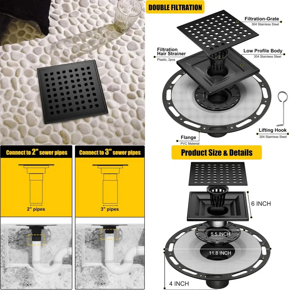 

6-дюймовый квадратный душевой трап черного цвета с комплектом для соединения из ПВХ, решетка из нержавеющей стали 304, низкопрофильный, для плитки, сертифицирован CUPC