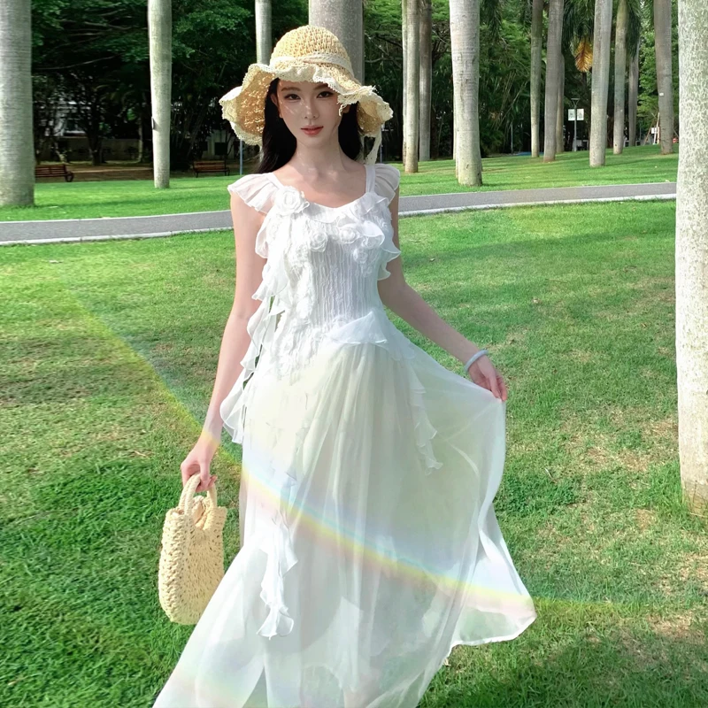 

Белое шифоновое платье с рукавами-крылышками и кружевным подолом, пляжное, для отпуска, в стиле феи, длинное, женское, летнее, модное