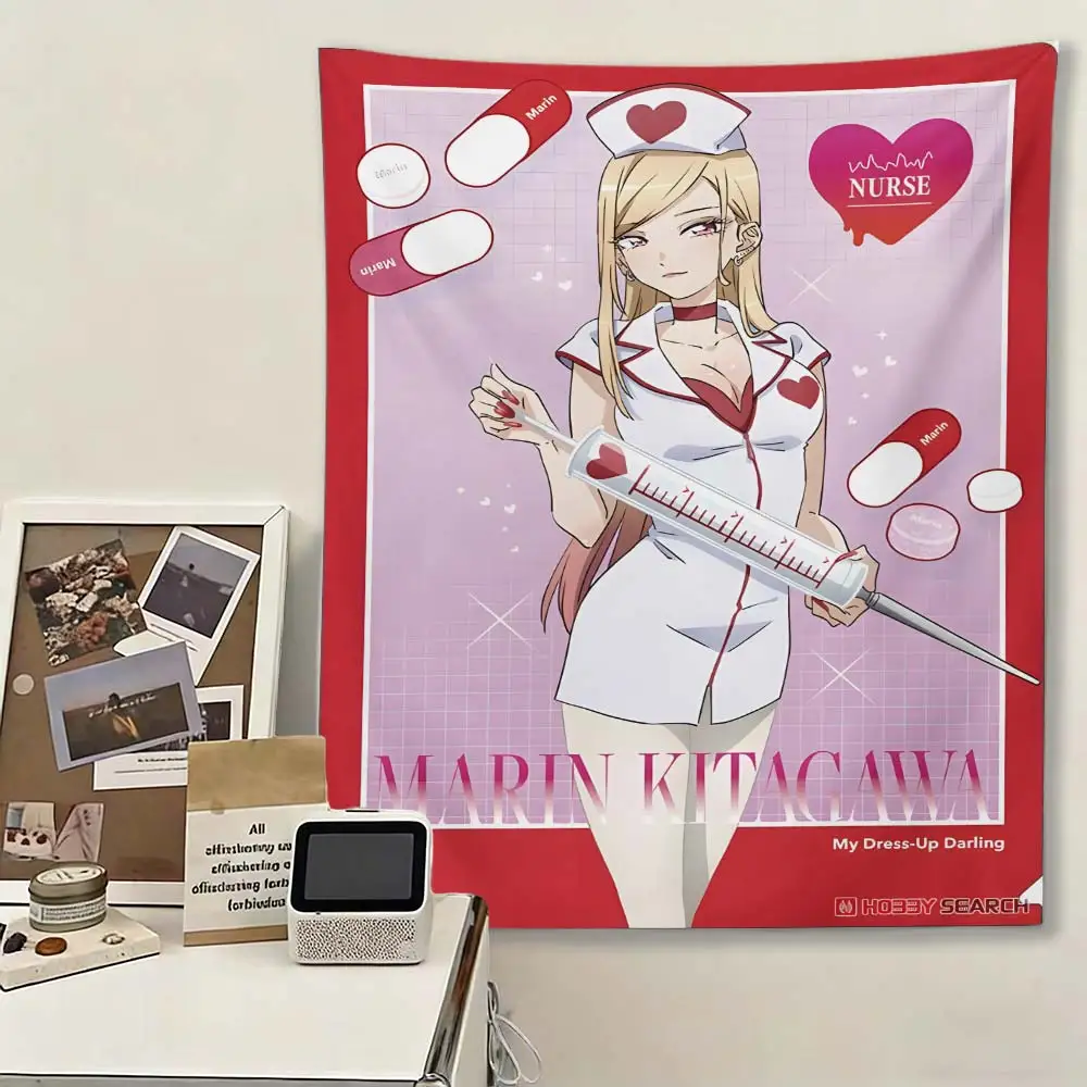 My Dress-Up Darling M-Marin K-Kitagawa Nurse Tapestry, Anime Girl Wall Hanging, Polyester Backdrop for Bedroom, Otaku Room Decor