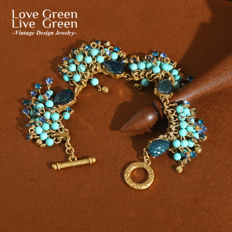 

Винтажные бирюзовые ювелирные изделия, браслеты-подвески с растениями, овальное синее стекло, роскошные для женщин, новинка 2025, уникальные подарки в богемном стиле, вечерние
