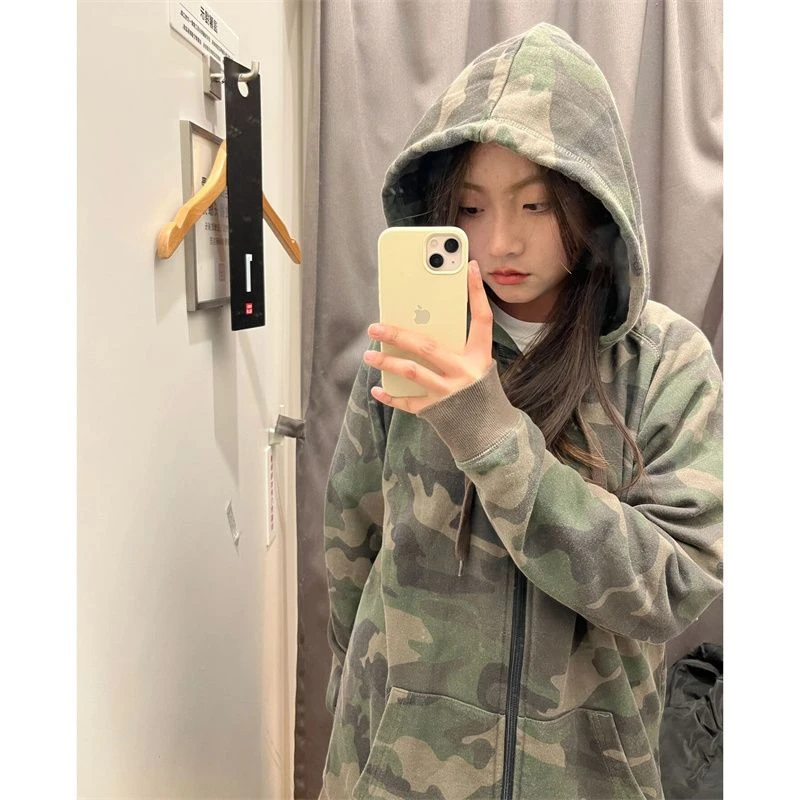 Military Green Womens Clothing Vintage Street Sweatshirt Y2K Camouflage Hoodie Cardigan Long Sleeves Warm Oversize Ladies Tops