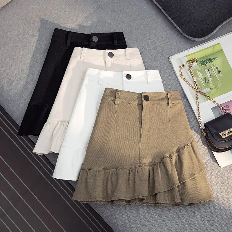 Irregular Khaki Color Denim Skirt Women's Summer High Waist Slimming False Two-Piece A-Line Workwear Short Mini Skirts 2024