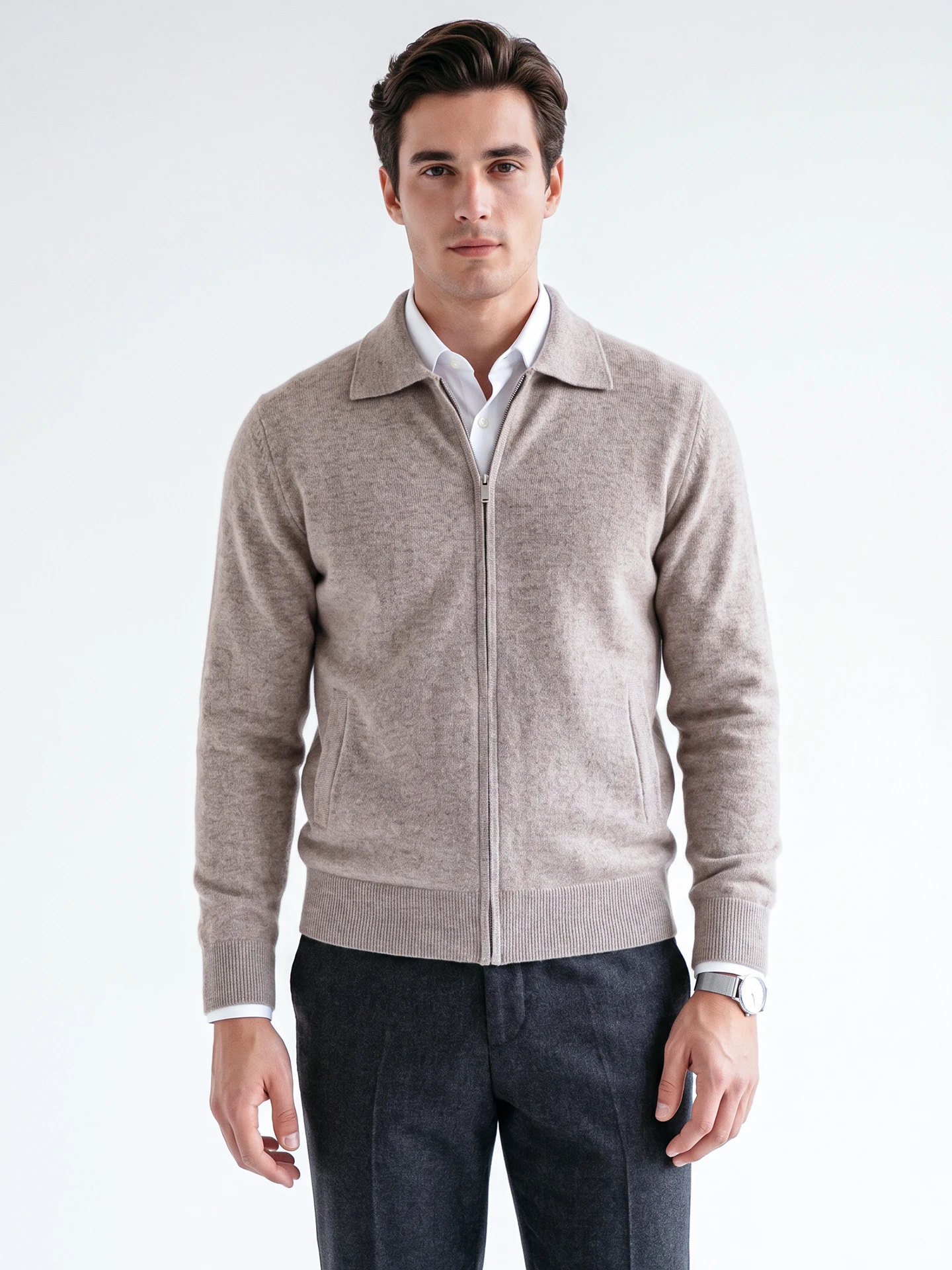 100% Pure Wool Sweater Men's Lapel Zipper Thickened Cardigan Loose Knit Sweater Middle-aged Soild Knitwear Jacket Autumn Winter