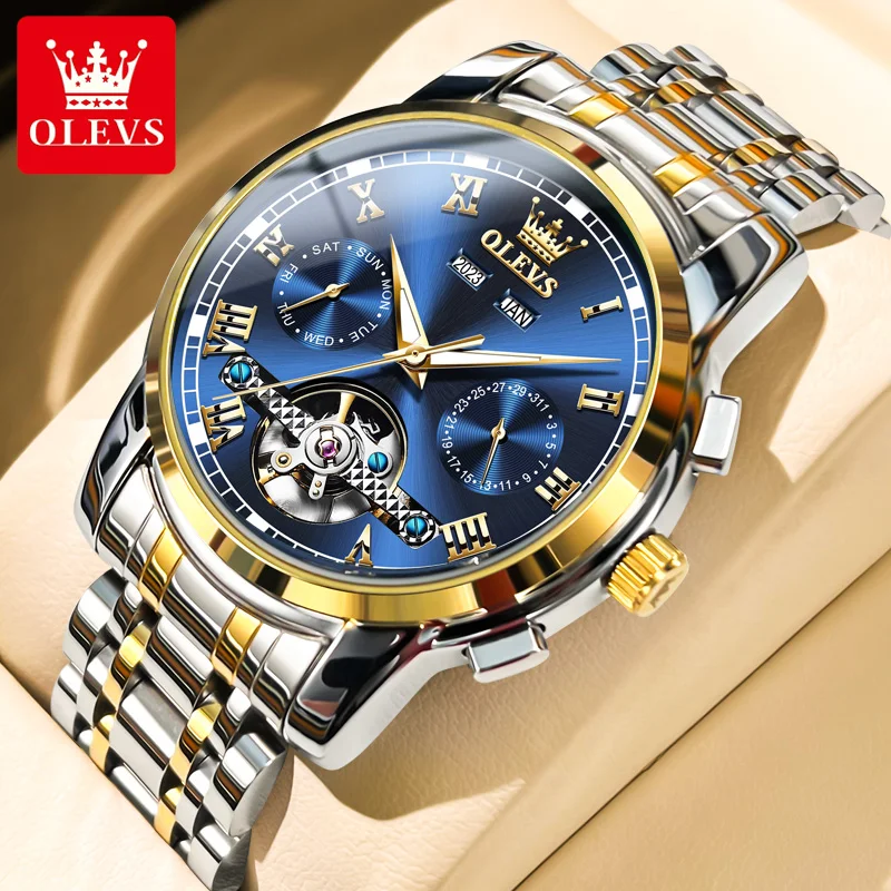 OLEVS Original Automatic Mechanical Watch for Men Stainless Steel Strap Tourbillon Skeleton Design Business TOP Brand Male Watch