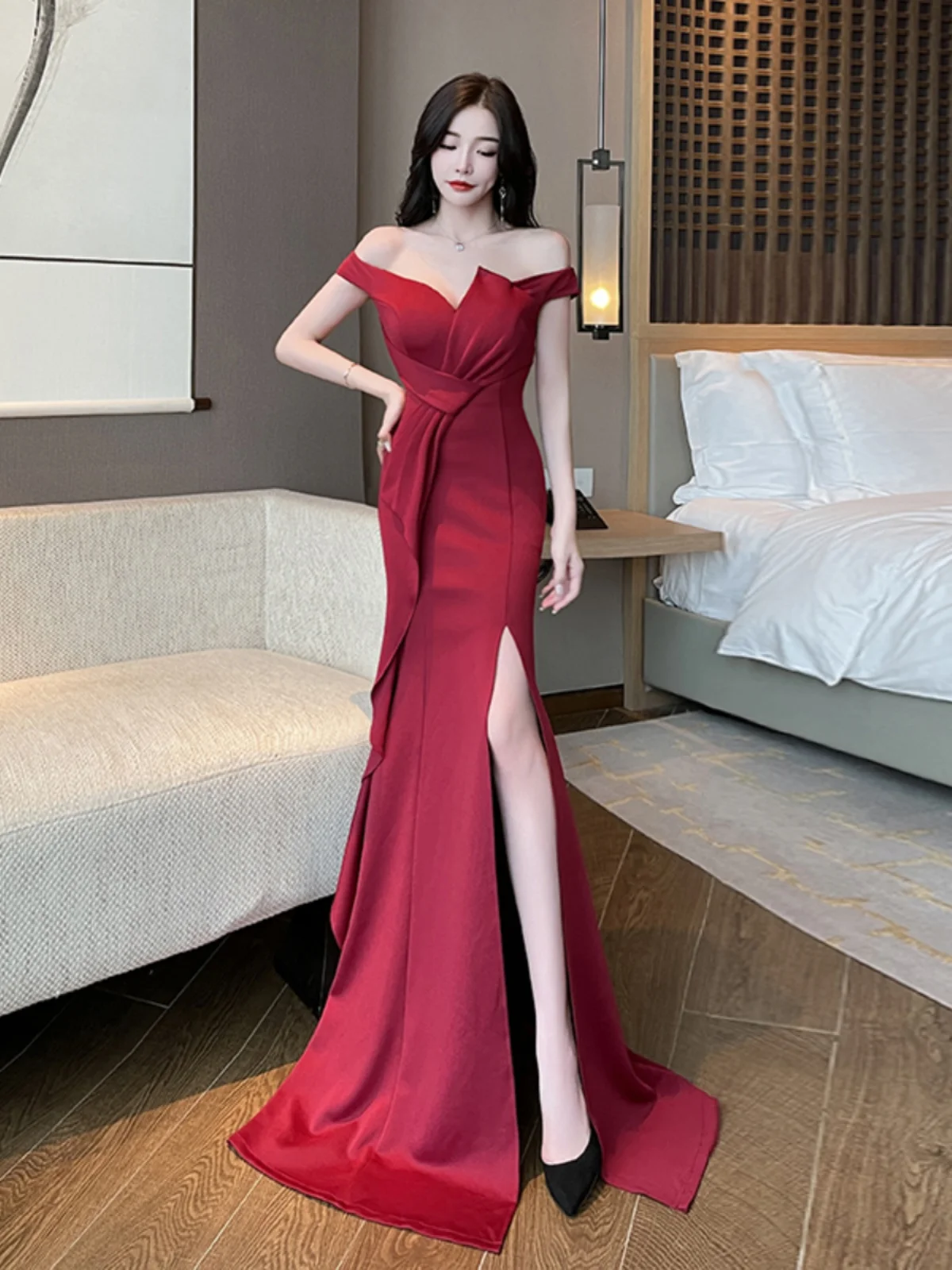 

Muse Godd One-oulder Evening Gown Sexy Tail Fi Tail Host High-End Long Dr for Banquet Par Wedding Performance