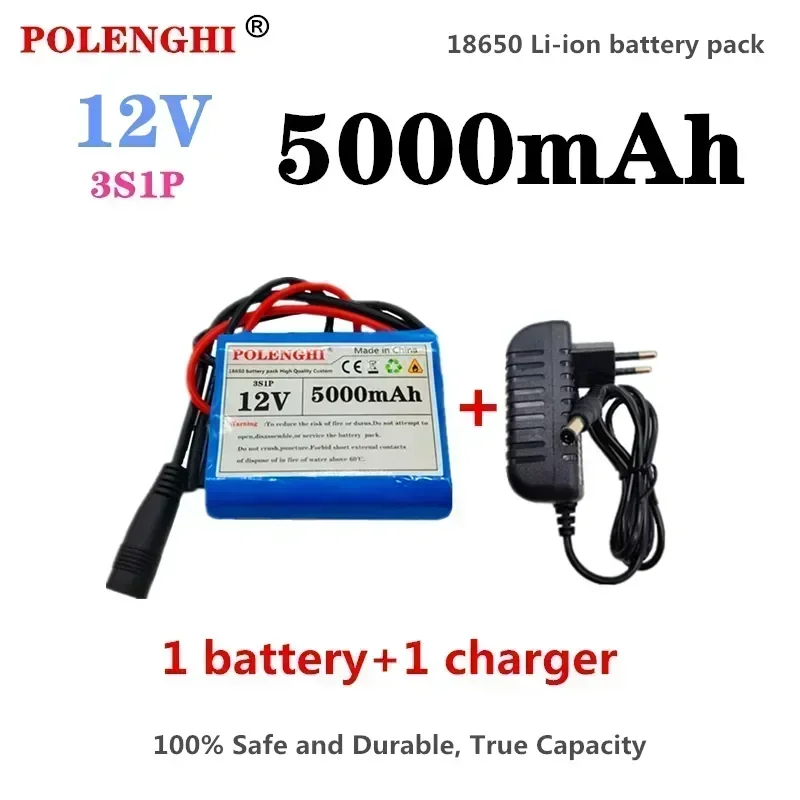 100% Safe and Durable 12V 5000mAh 3S1P Rechargeable Lithium Battery Pack 18650 Battery with Protective Plate 12.6V 1A Charging