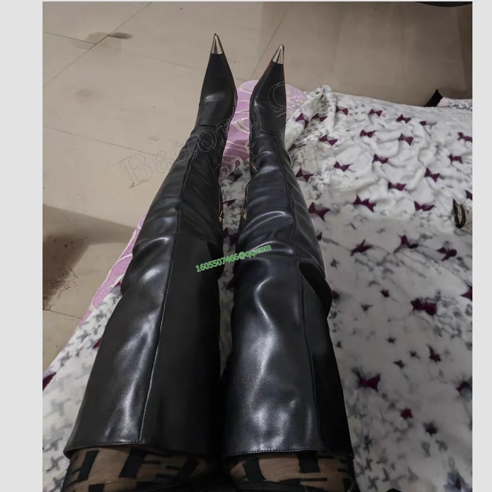 

Black Metal Toe Matte Leather Boots Thigh High Spike Heel Pointed Toe High Shoes for Women High Heels Shoes Zapatos Para Mujere