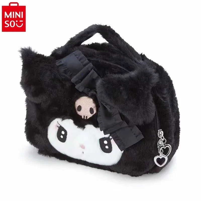 MINISO 2024 Neue Cartoon Kuromi Plüsch-Studenten-Make-up-Tasche, herzförmige Aufbewahrungstasche für Mädchen, niedliche tragbare Tasche mit großer Kapazität