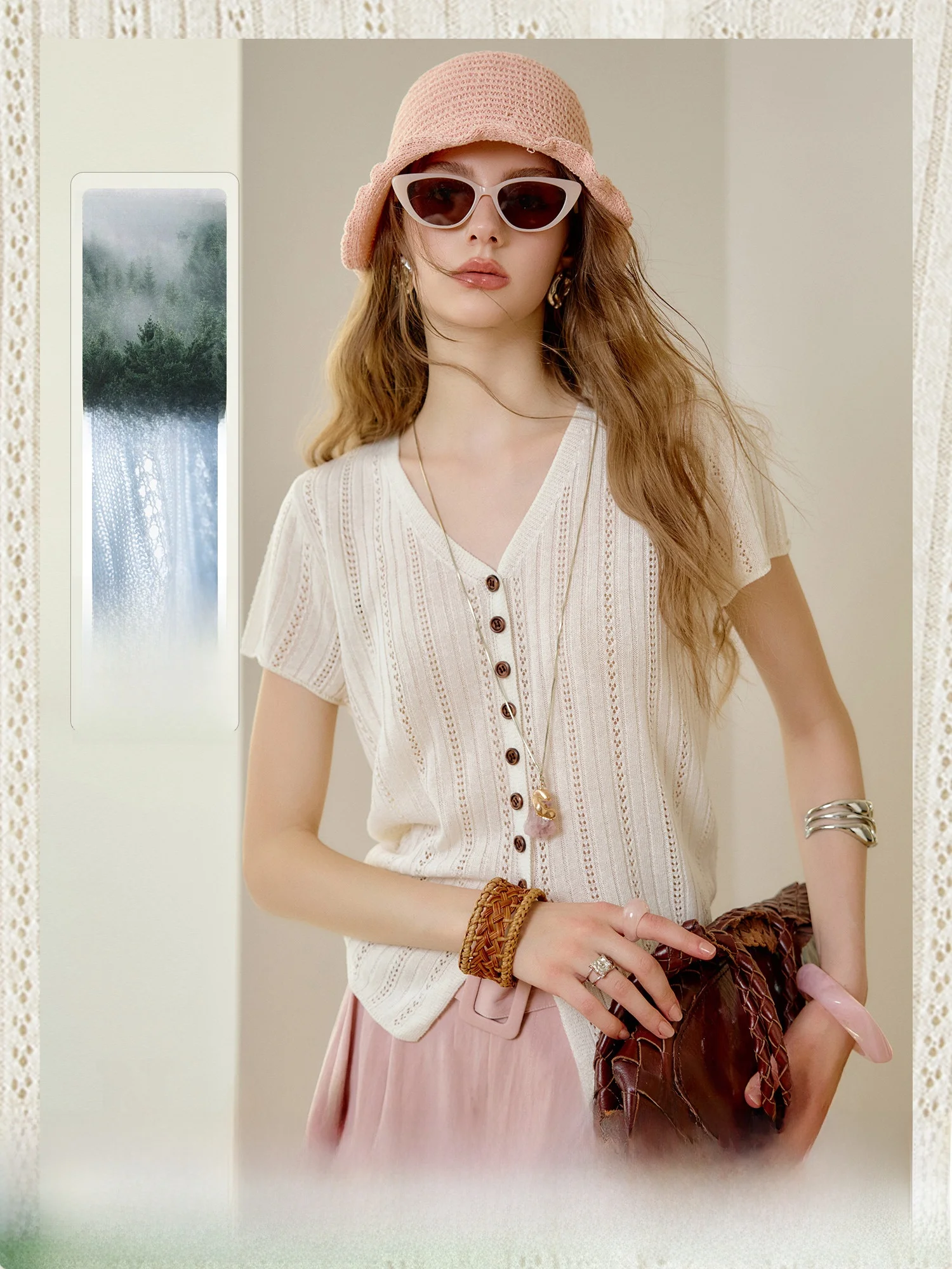 

NAGUAGU Bellara Hollow out Knitwear Loose Fit Summer Short Sleeve V-Neck Women's Fashion French Style Lightweight Card...