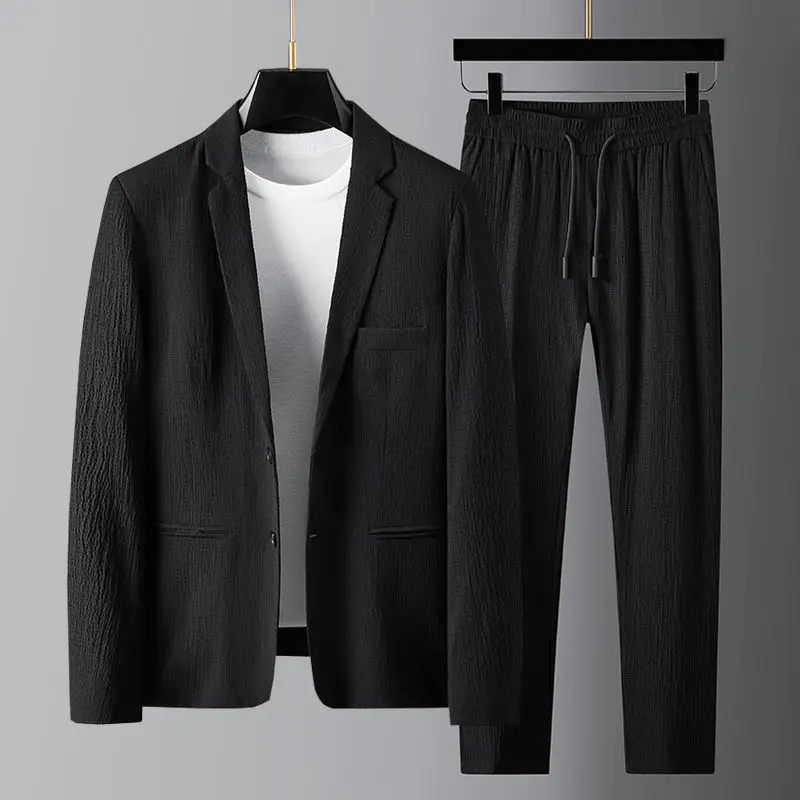 Homens Terno Calças De Cordão Blazers Conjuntos dos homens Fino Primavera Outono Ternos Plissados Roupas Casuais Preto Branco Único Botão