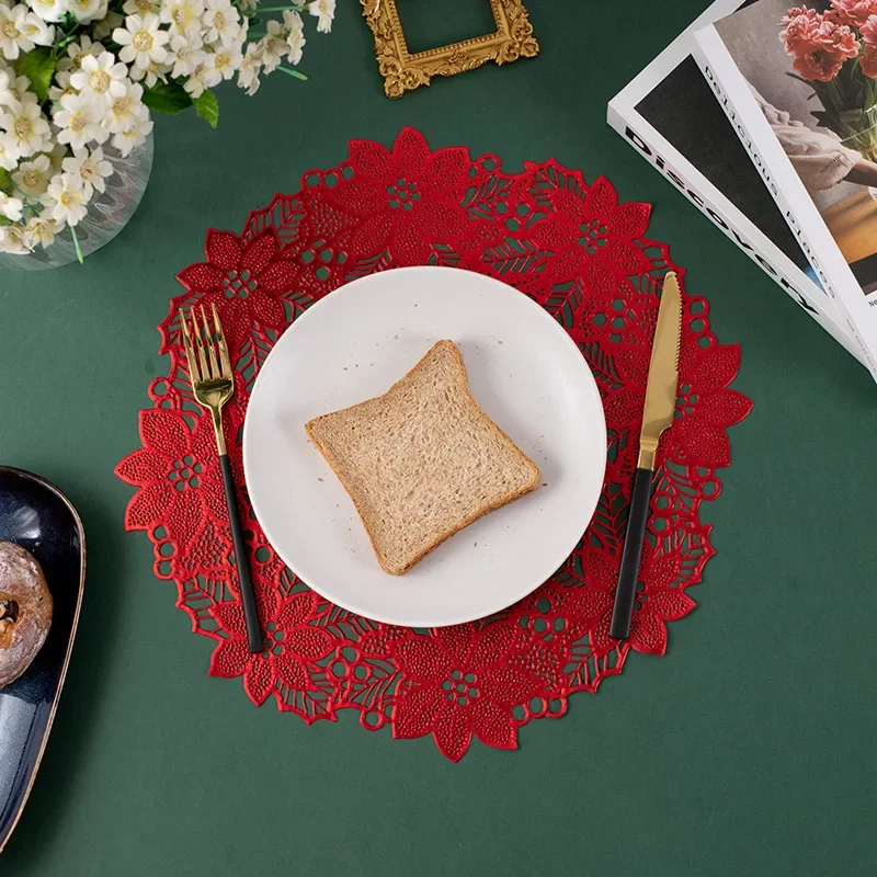 Solid Color Hollow Flower Pvc Placemat Waterproof Heat-Insulating Garland Cup Coasters 6Pcs Soft Restaurant Hotel Tableware Mats 4