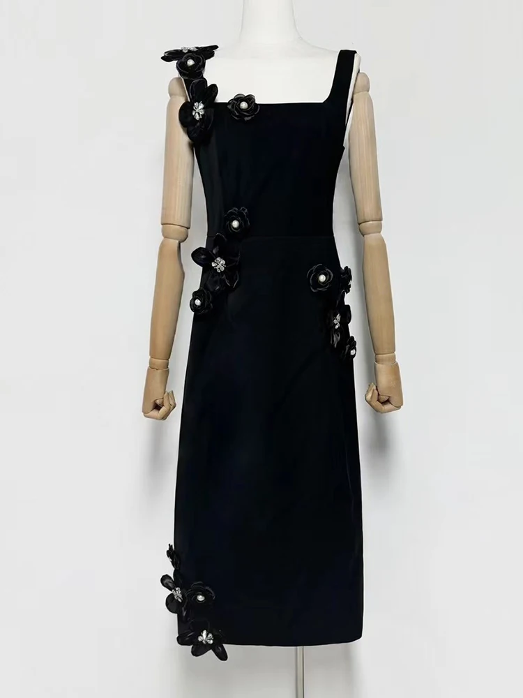 2025 summer women's new square collar three-dimensional beaded flower dinner suspender dress temperament swing A-line dress