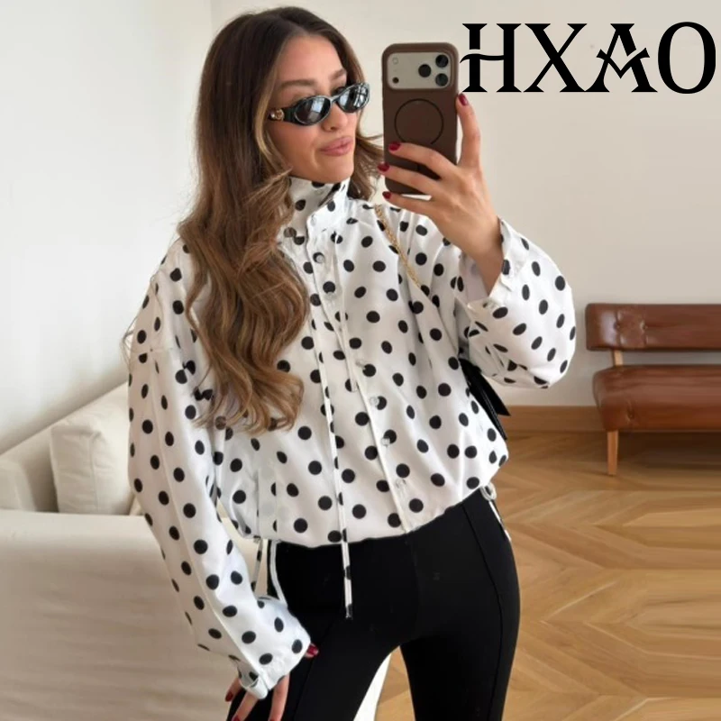 HXAO Polka Dot Women's Jacket Demi-Season Button Up Cropped Coat Streetwear Long Sleeve Loose Jacket Chic Tied Bow Outerwears