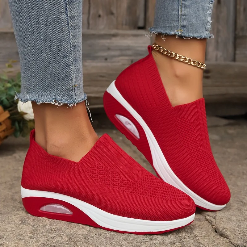 SummerWomen Fashion Vulcanized Sneakers Platform Solid Color Flat Ladies Shoes Casual Breathable Wedges Ladies Walking Sneakers