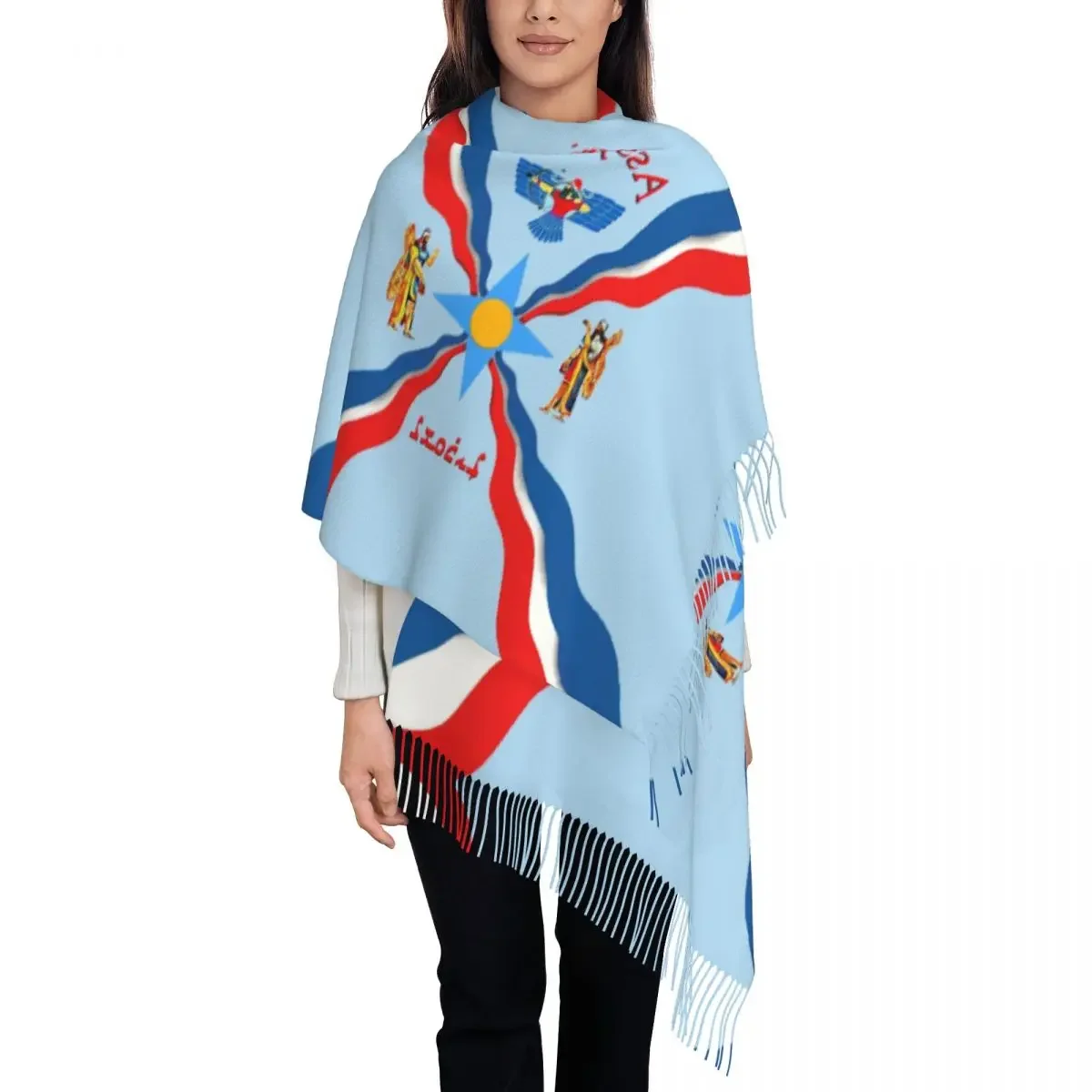 Luxury Assyrian Suryoyo Flag Tassel Scarf Women Winter Warm Shawls Wraps Ladies Aram Ancient Scarves