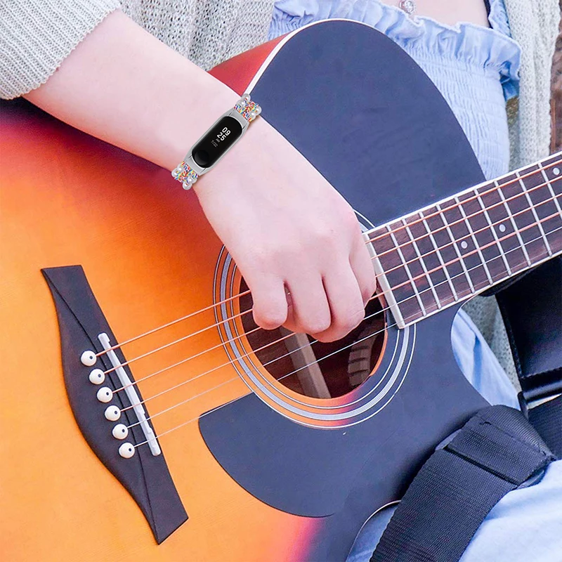 진주 장식 조절 가능한 땋은 로프 교체 시계 밴드 Xiaomi Mi Band 5/6 용 스마트 시계 손목 스트랩 - 다채로운