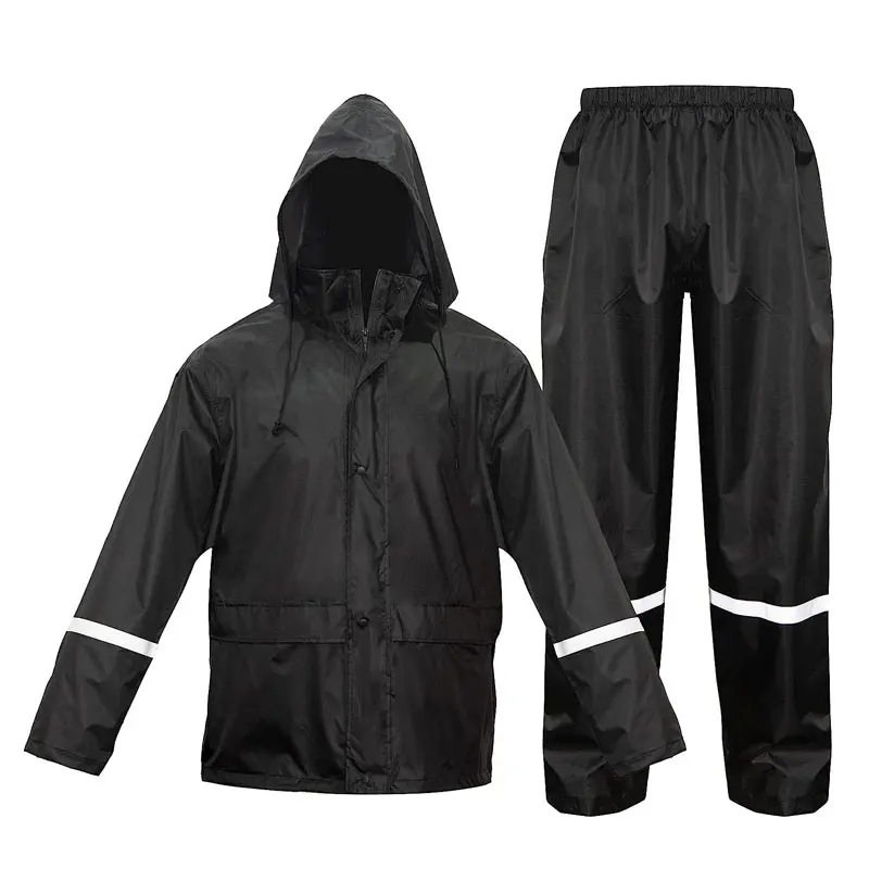 Black Raincoat with Reflective Strips Rainy Work Waterproof Rainwear Set Motorcycle Rain Coat Fishing Rain Suit Cloak for Men