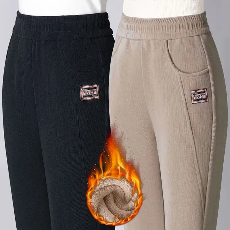 Winter New plus Size Thickened Fleece Lined Casual Pants for Middle-Aged And Elderly Mothers Harlan Loose Long Trousers