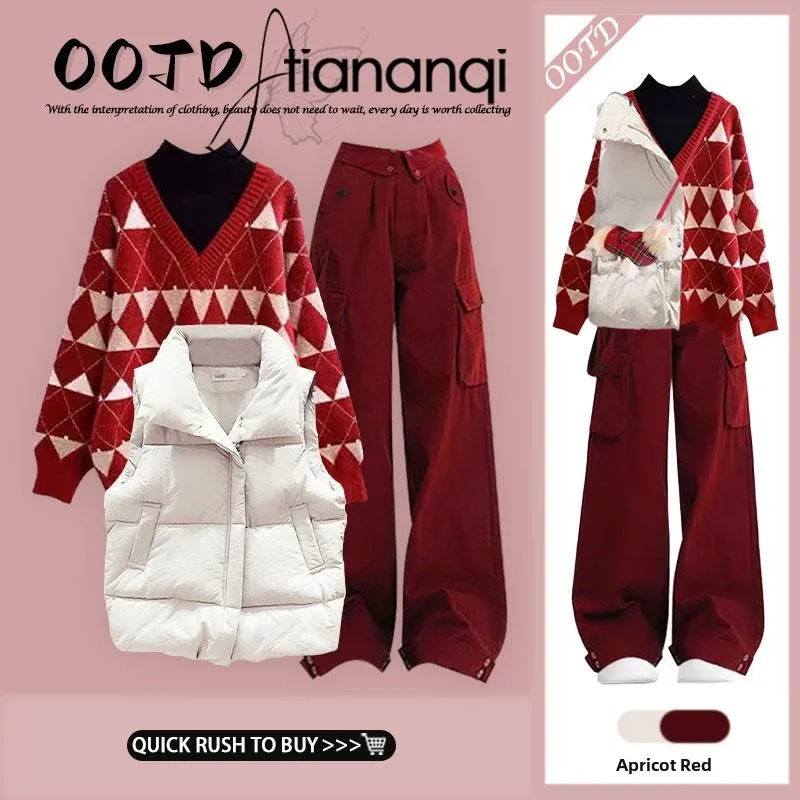 

Cotton Vest Jaet Collared Inner Knitwear High Waist Straight Leg Workwear Pants Tee Piece Set Autumn Winter Faion Ensemble