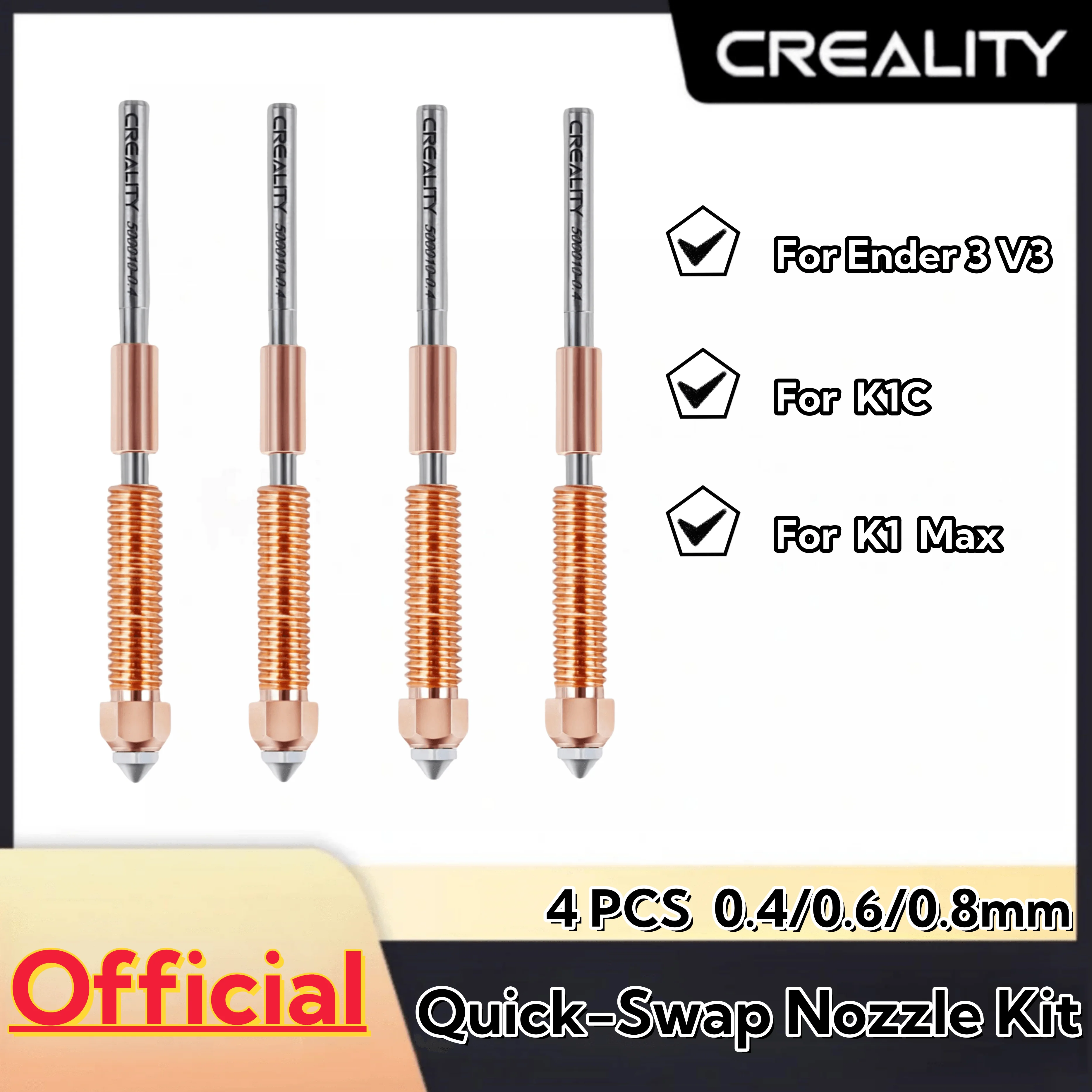 

Creality Unicorn Quick-Swap Nozzle Kit 4PCS 0.4/0.6/0.8mm for K1 Max_K1C_Ender-3 V3 Swift Installation High-Flow Printing