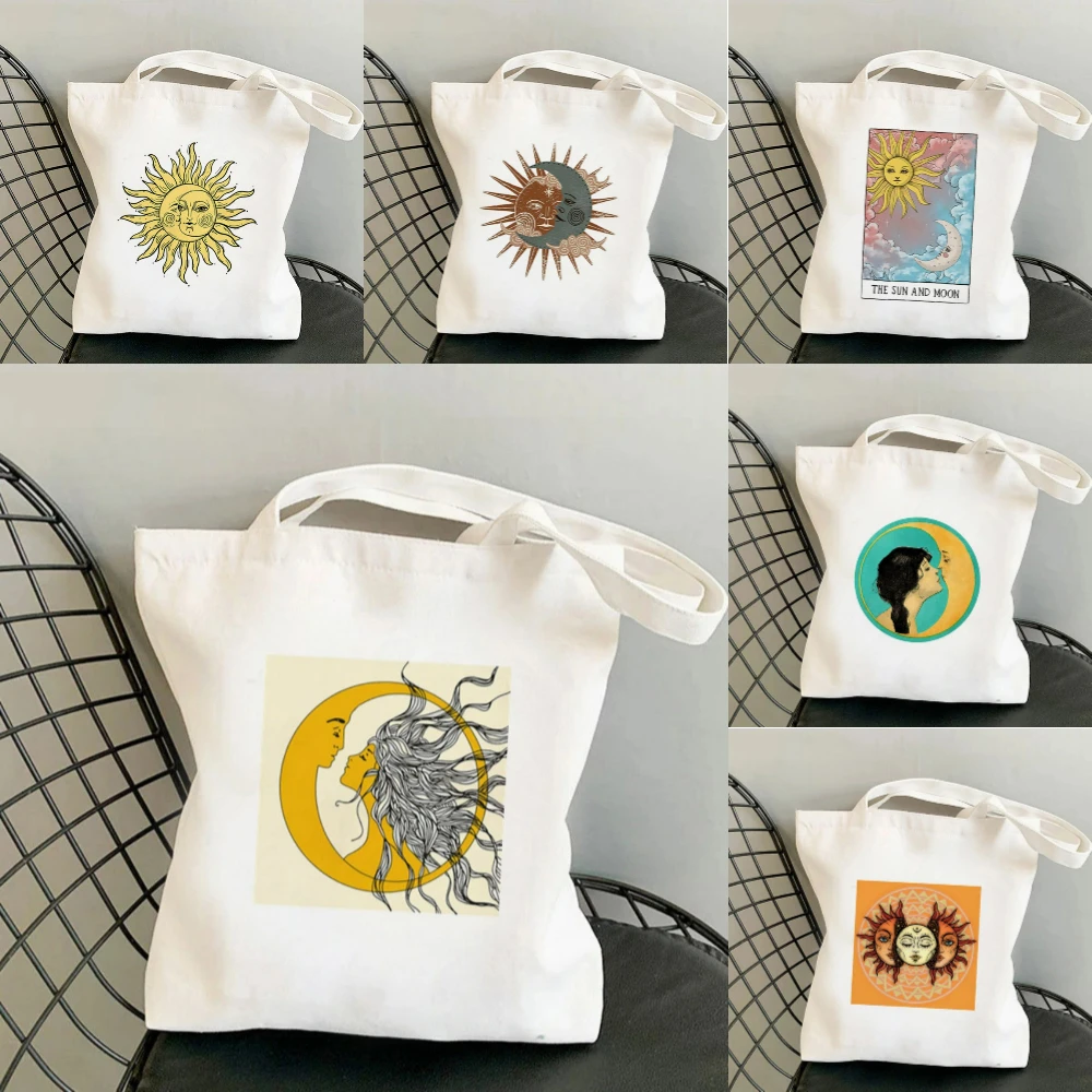 Bolso de mano de lona con estampado de sol y luna estilo Harajuku, bolso de hombro Unisex para ir de compras, trabajo en la playa o escuela, bolso ecológico de gran capacidad