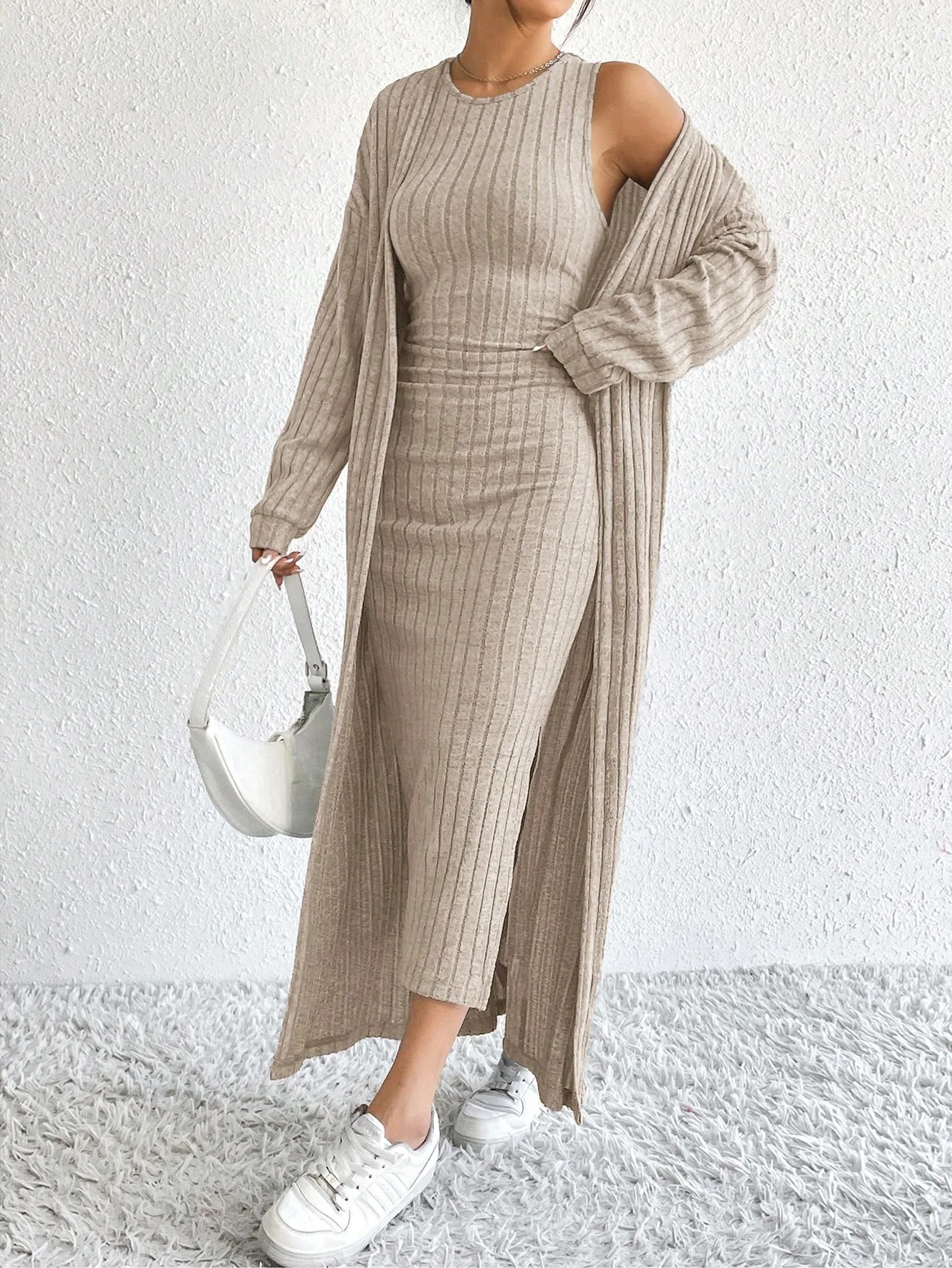 

Повседневный комплект из двух предметов, весна-лето, модный однотонный свободный кардиган с длинными рукавами, удлиненное пальто, тонкое платье без рукавов, домашний костюм