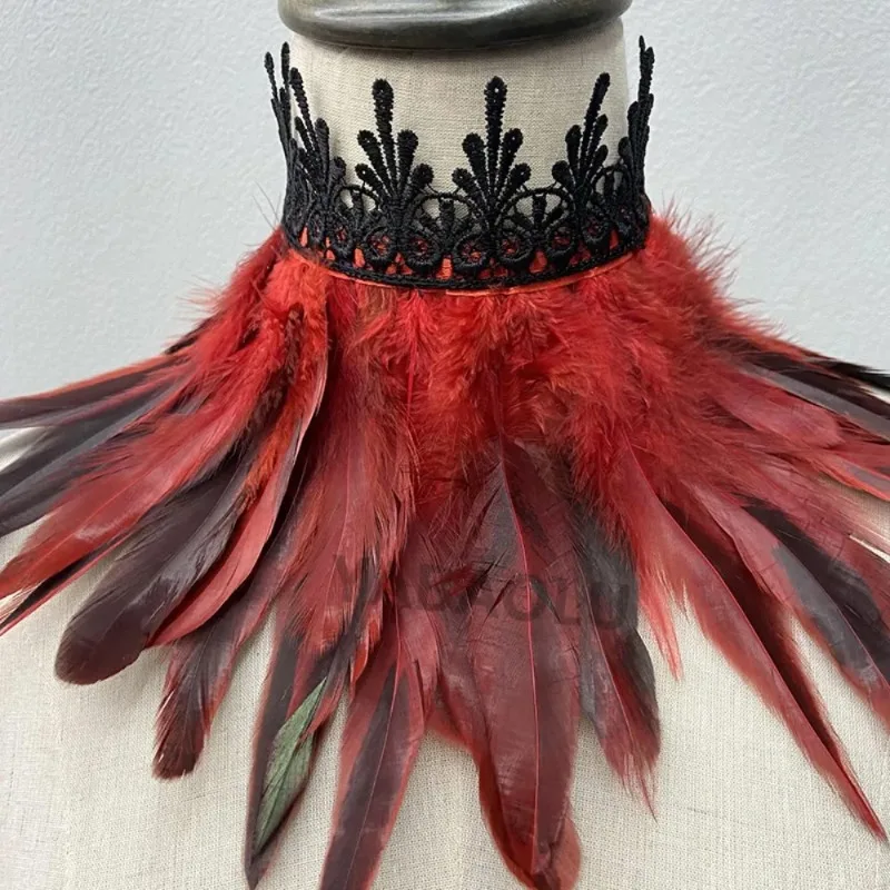 Collier ras du cou en plumes noires pour femmes, couverture de cou Sexy en dentelle, Cape Punk, châle, fête Cosplay, plume naturelle avec faux col en dentelle