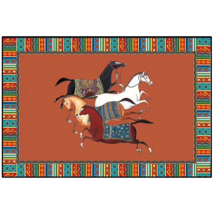 Luxury Ethnic Frame Carpet Horse Printing Carved Velvet Room Rug Thick Green Orange Living Room Rug Bedside Floor Table Mat