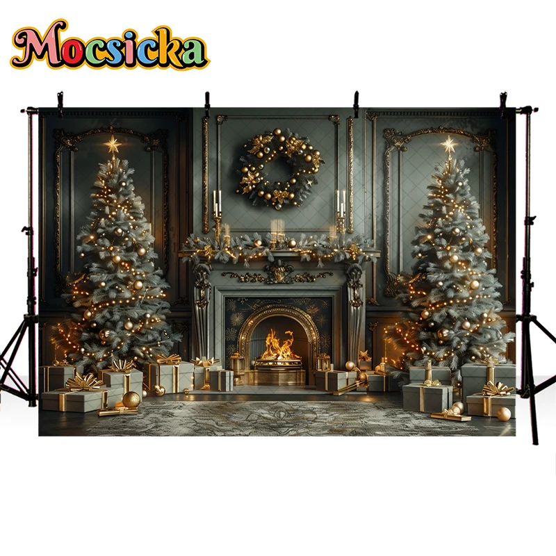 Mocsicka Christmas Living Room Backdrop Kids Photography Adult Child Cake Smash Photocall Fireplace Studio Xmas Trees Background