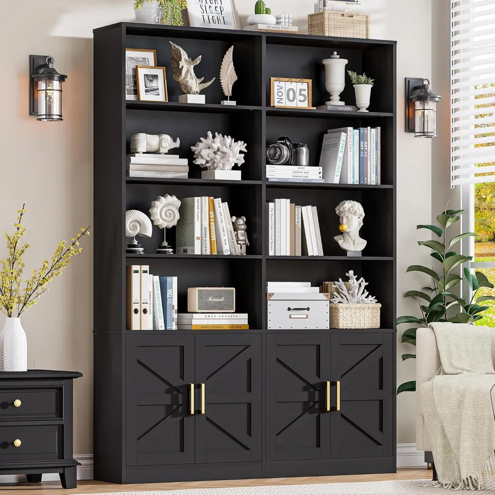 

"4-Door Farmhouse Style Bookcase with 6 Shelves for Large Storage and Display"