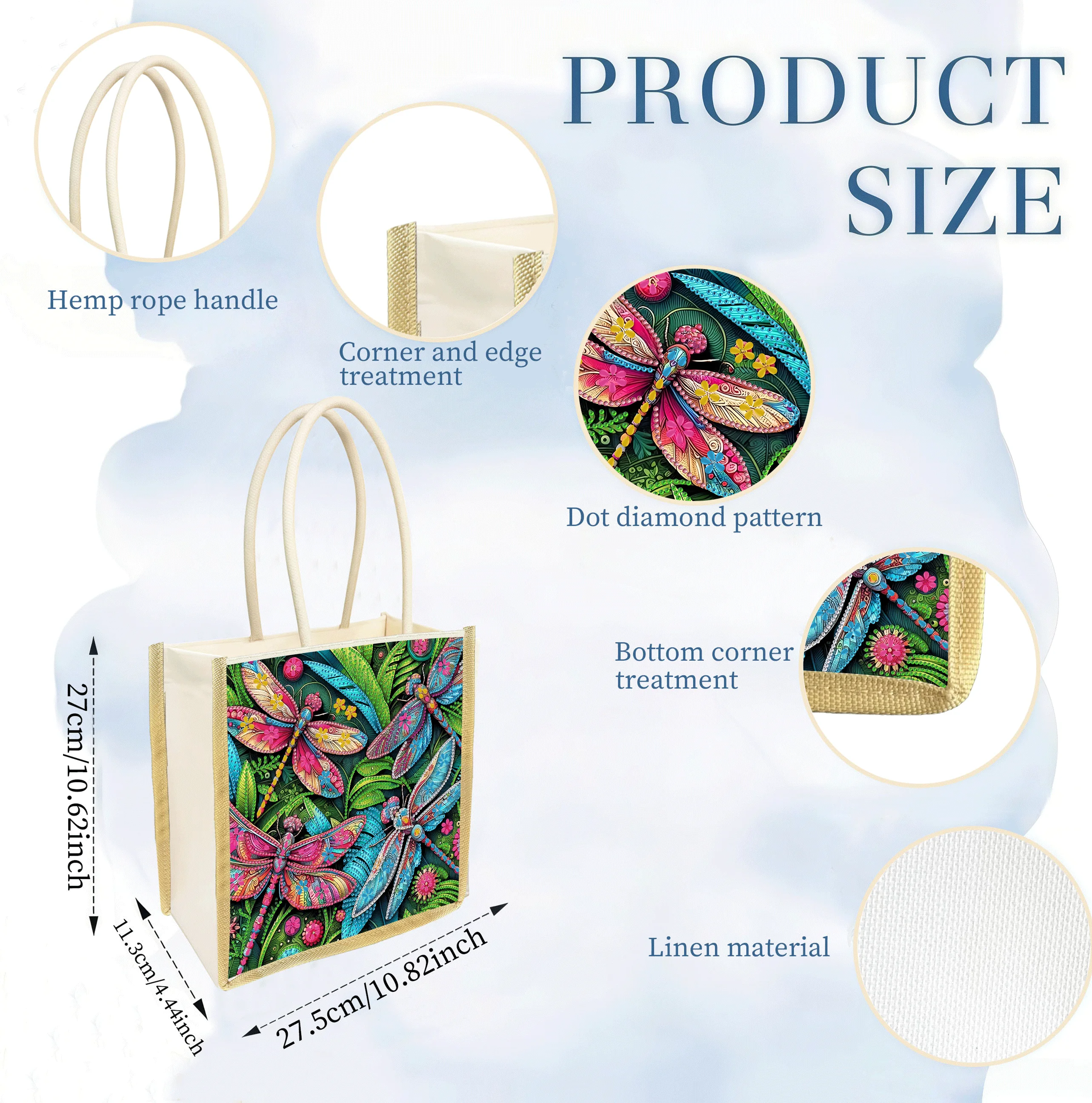 1 Piece of Diamond Painting Shopping bag, Dragonfly Pattern, Canvas Material, Interchangeable Pattern, daily Outing to carry
