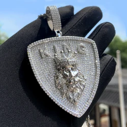New Iced Out Bling Letter King Lion Crown Pendant Necklace Silver Color Cubic Zirconia Badge Charm Men Fashion Hip Hop Jewelry