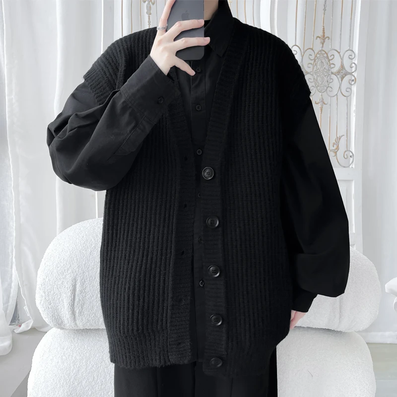 Men's Sweater Vest V-Neck Solid Color Sleeveless Knitted Button Cardigan Vest Casual Cable Knit Sweater