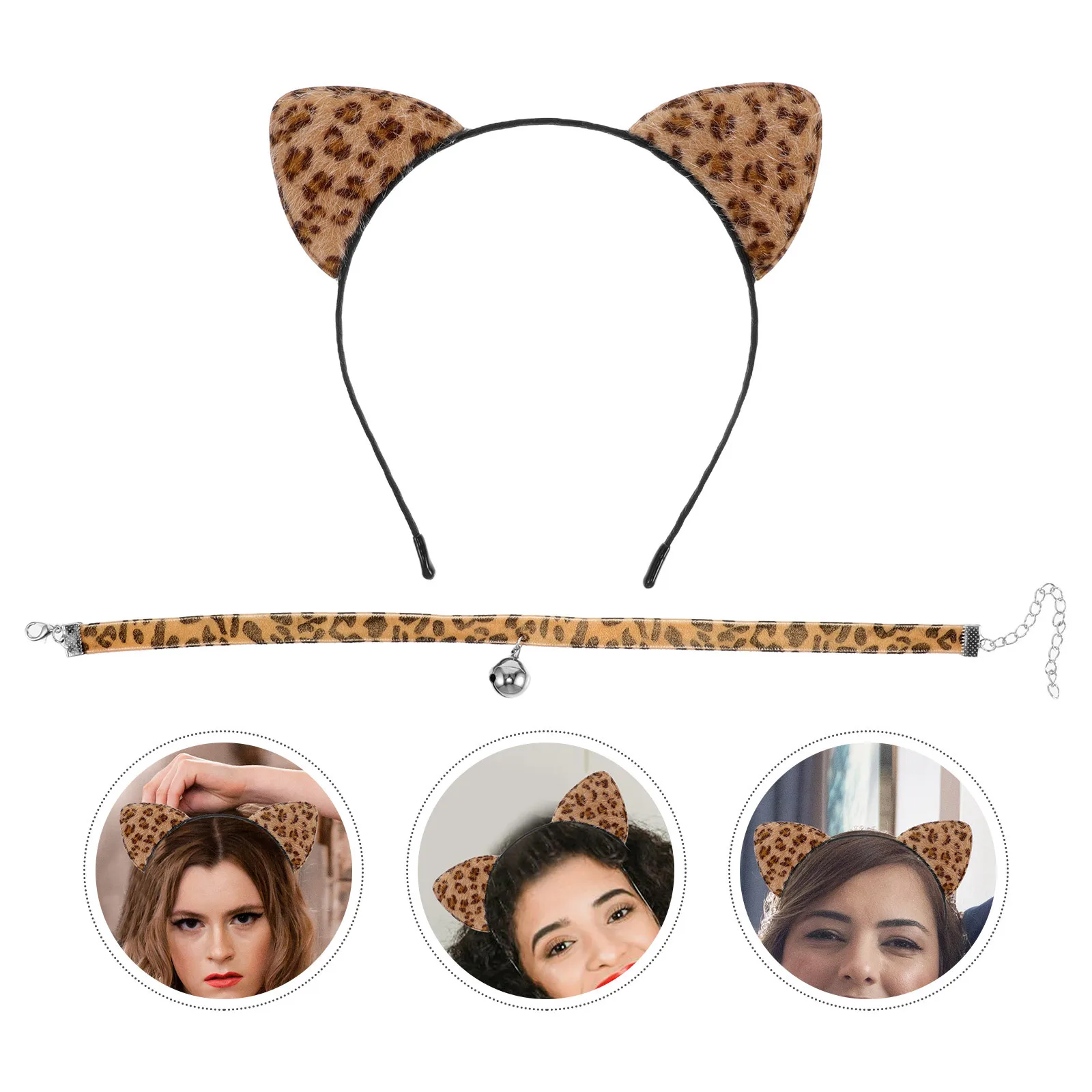 

1Set Leopard Print Cat Ears Headband Bell Choker Cosplay Hair Accessory Party Dress-Up Costume Party Dress-Up Headbands