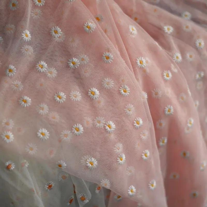 Pink Embroidered Daisy Flowers Dobby Sheer Polyester Mesh Net Tulle Fabric Wedding Dress Skirts Decor Bags Sewing Material